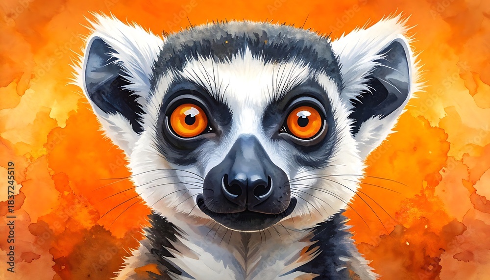 Obraz premium A lemur's head with orange eyes, black nose, and white fur with black stripes, against a watercolor orange background