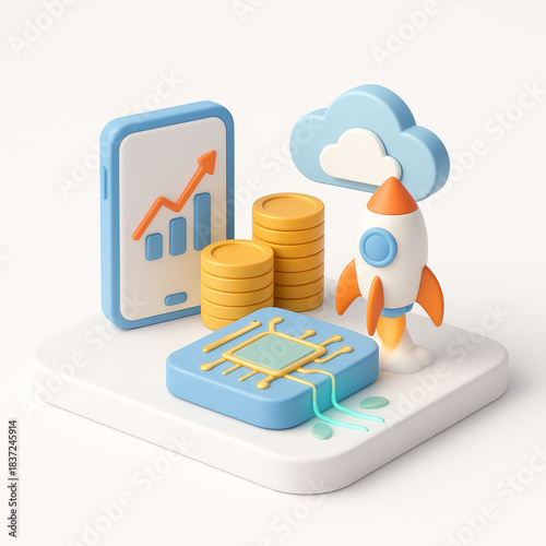 3D Rendered Business Growth and Technology Icons.
