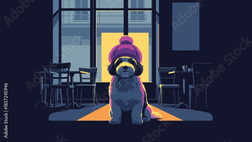 Adorable fluffy dog wearing a vibrant purple winter hat waits patiently inside a dimly lit Parisian cafe setting