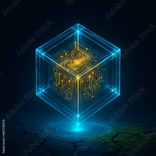 Abstract glowing cube with intricate circuitry inside.