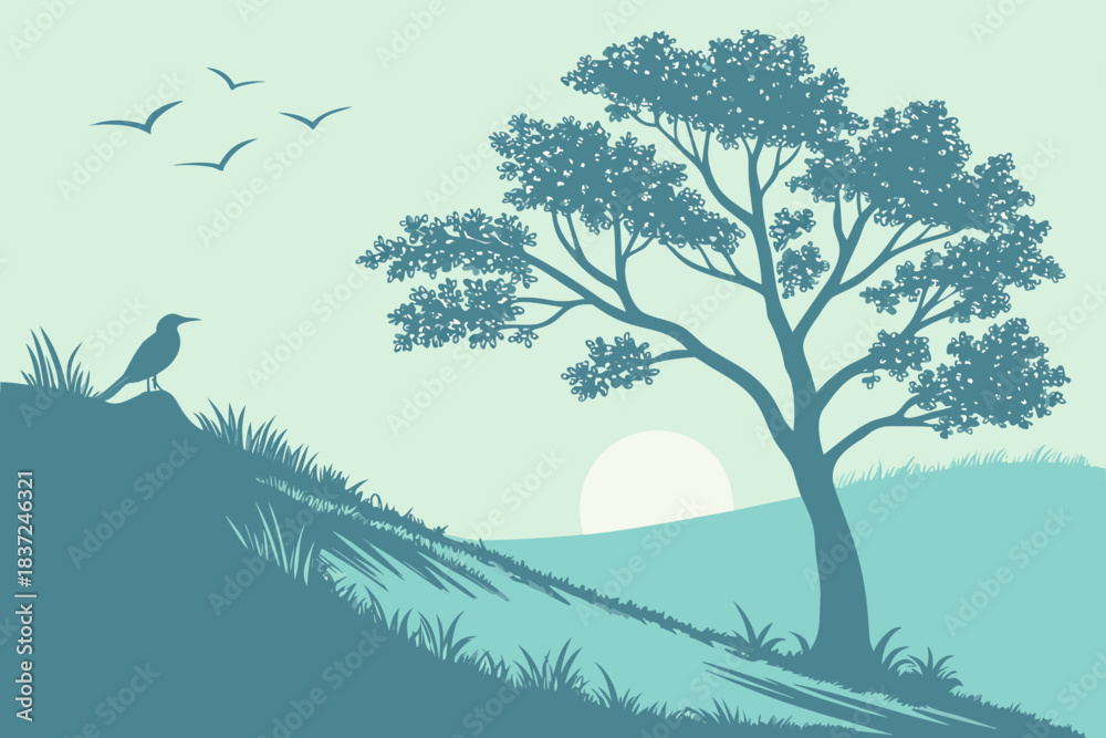 Fototapeta premium Minimalist Nature Silhouette Illustration – Tree and Bird at Sunrise