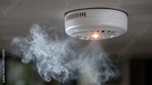 Smoke alarm detecting smoke with warning light illuminated, showcasing safety and fire prevention in a modern indoor environment with smoke swirling