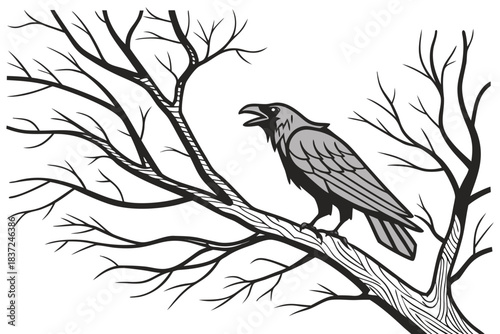 Gothic Raven on Bare Tree Branch Line Art Illustration