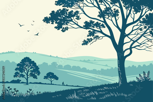 Rolling Hills Countryside Illustration – Teal Monochromatic Landscape