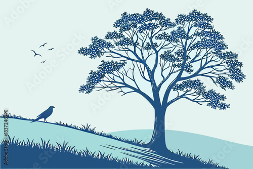 Minimalist Blue Landscape Illustration – Crow on Grassy Hill at Dawn