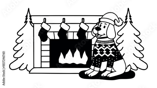 happy dog wearing christmas sweater and hat