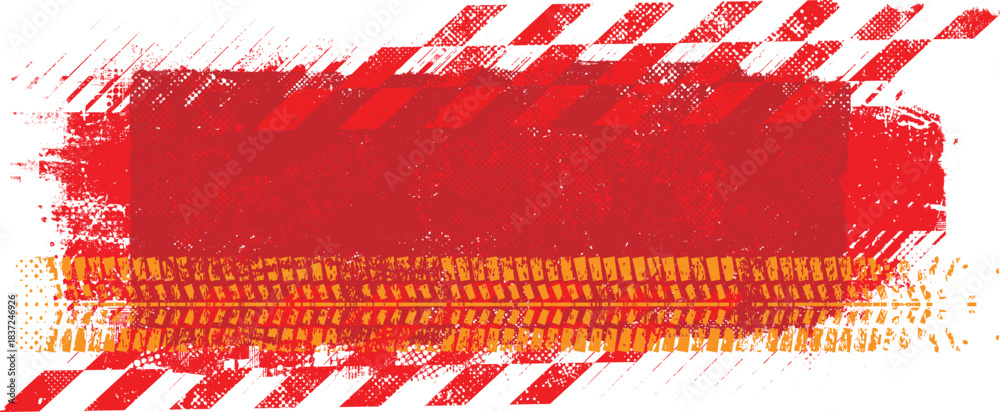 Naklejka premium Grunge racing banner with checkered flag pattern and tire track texture , perfect for motorsport design. Racing-inspired grunge background for automotive branding design. Vector illustration.