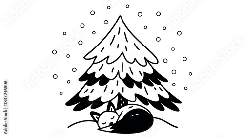 sleepy fox curled up under decorated pine tree