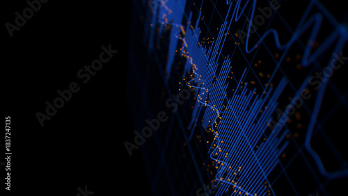 Closeup of Big Data sound complex graph background with shallow DOF. Cyber space of Audio AI technology. Futuristic graph. Digital audio information presentation.