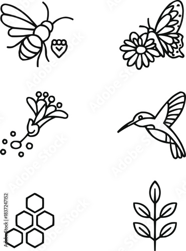 Pollinators Outline Icon Set  Bees, Butterflies, and Flowering Plants