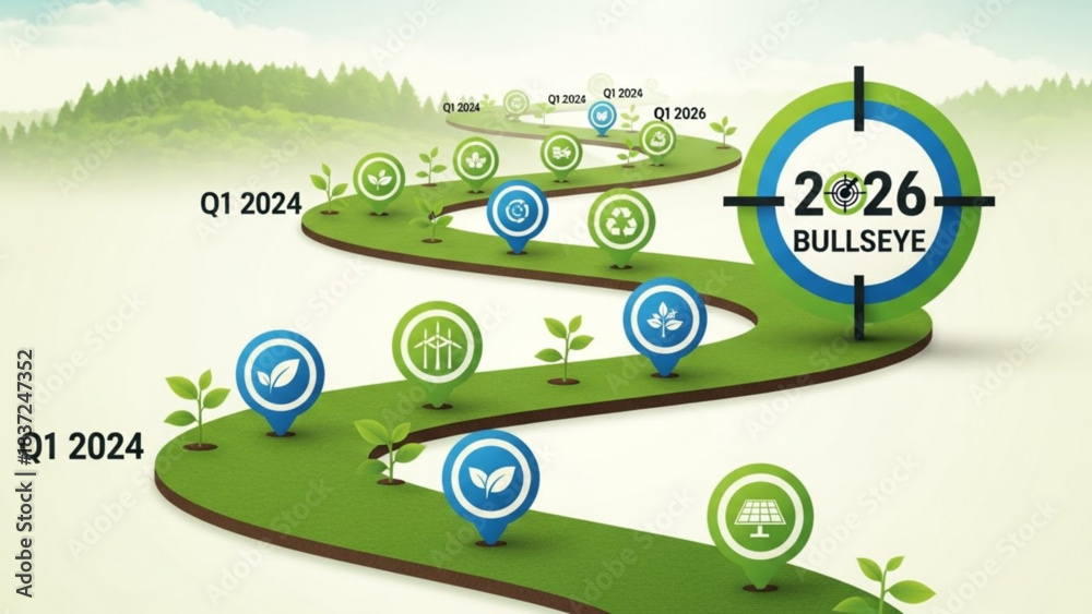 Obraz premium The Green Path to 2026: An inviting illustration depicts a vibrant, winding road, symbolizing a clear path to achieving the 2026 target. This imagery fosters a sense of progress, growth.