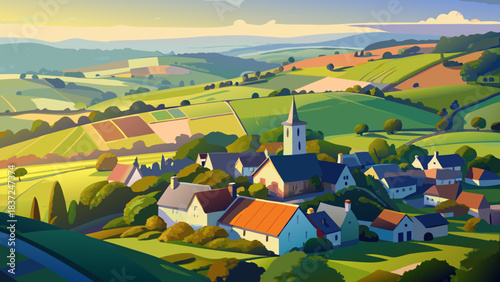 Very beautiful aerial summer view of the rural village of Morchard Bishop in Devon, showing rolling green fields, scattered homes, winding country lanes, and peaceful countryside scenery under warm 