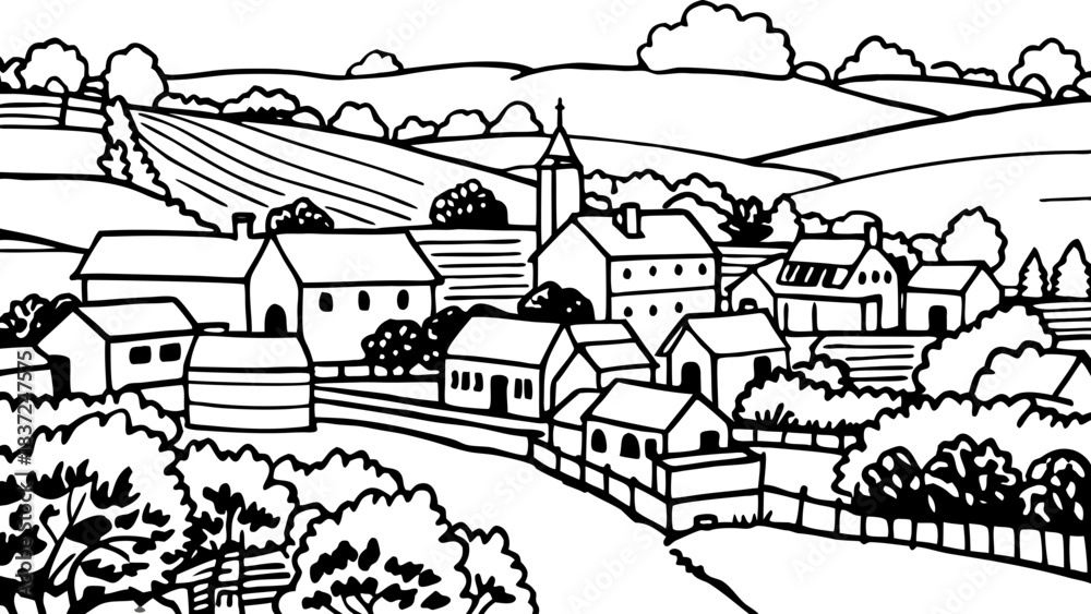 Obraz premium Very beautiful aerial summer view of the rural village of Morchard Bishop in Devon, showing rolling green fields, scattered homes, winding country lanes, and peaceful countryside scenery under warm 