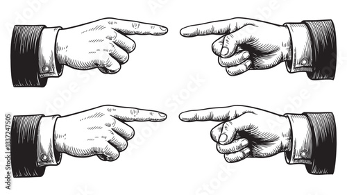 Four hands pointing fingers at each other, representing accusation, blame, disagreement, and conflict in a business or social context, illustration.