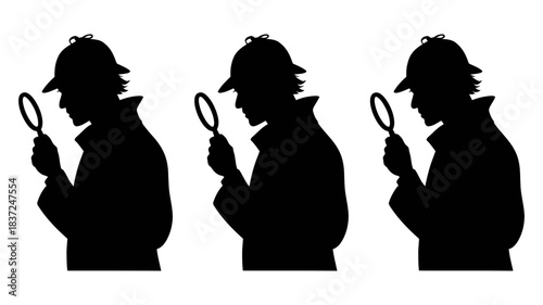 Three silhouetted detectives in trench coats and hats, each holding a magnifying glass, examining something closely, symbolizing investigation and mystery.