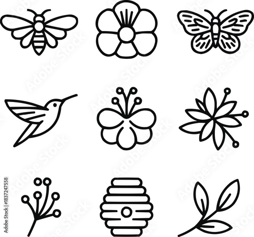 Pollinators Outline Icon Set  Bees, Butterflies, and Flowering Plants