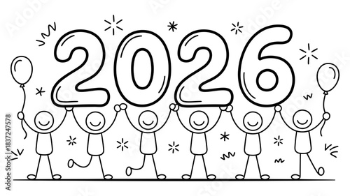 Stick figure people joyfully celebrating and holding up the year 2026 in a festive, cartoonish drawing with balloons and confetti, isolated on white.