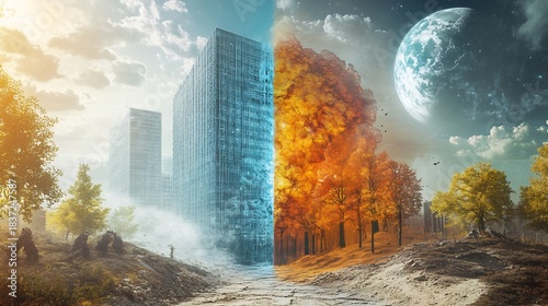Dystopian vs utopian depiction of atomic energy usage showing two parallel worlds different outcomes