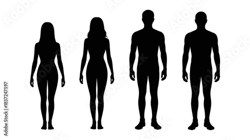 Silhouettes of four diverse people, two female and two male, standing together representing variety in human form and gender, isolated on white.