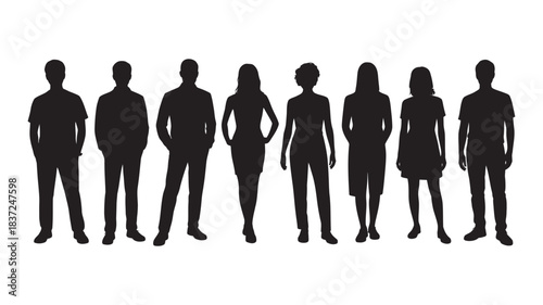 Diverse group of seven diverse adult male and female silhouettes standing together in a line, representing teamwork and unity against a clean backdrop. a collection of individuals.