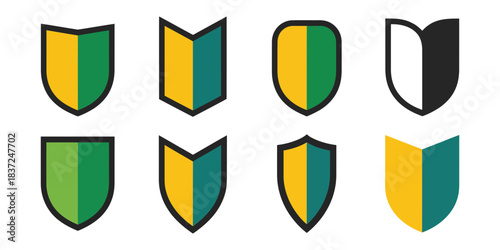 Collection of eight distinct shield icons in green and yellow, representing beginner drivers or new drivers in japan, vector graphics, isolated.