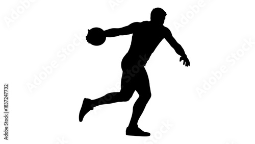 Silhouette of a male athlete preparing to throw a discus in a track and field event, showcasing dynamic motion and strength.