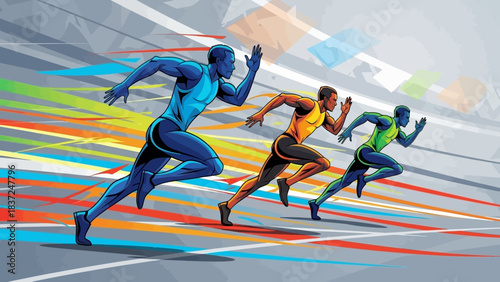 Three athletes in full stride during a competitive sprint race on a track with colorful motion blur streaks.