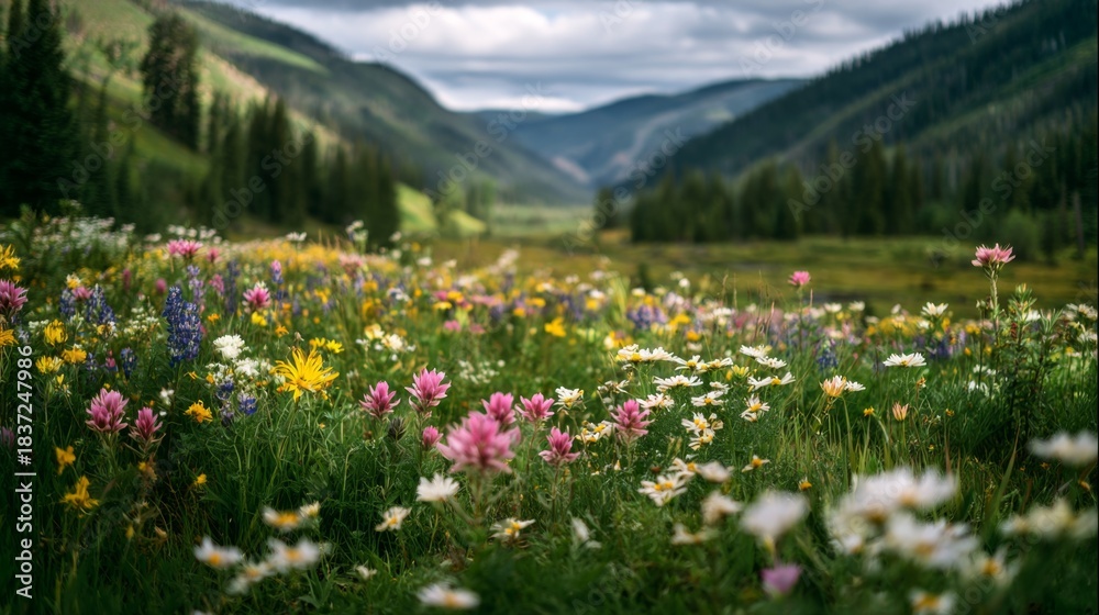 Fototapeta premium Vibrant Wildflower Meadow in Mountain Valley with Scenic Green Landscape and Cloudy Sky, Capturing Nature's Beauty and Serenity in Summer