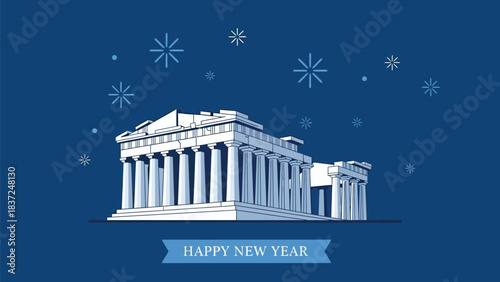 Stunning Parthenon illustration wishes Happy New Year under a stylized winter sky