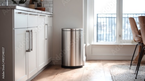Modern kitchen interior with stainless steel trash can beside white cabinetry, featuring natural light from large window and elegant wooden floor