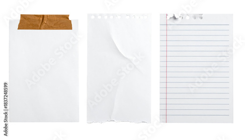 Three paper sheets - blank, torn, and lined - arranged side-by-side on a black background