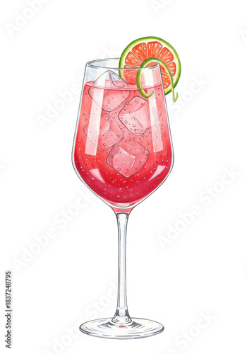 high-quality watercolor illustration of a vibrant pink effervescent rosé spritz cocktail in a tall angular glass with sparkling ice and lime zest on a transparent studio background. concept for