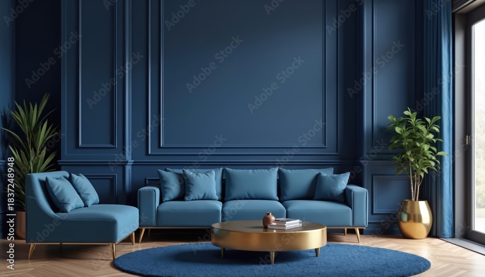 Fototapeta premium Modern blue living room with sofa, armchair, gold round coffee table. Elegant wall panels, plush blue rug, green plants, drapes create luxurious cozy home interior design. Sunny apartment chic