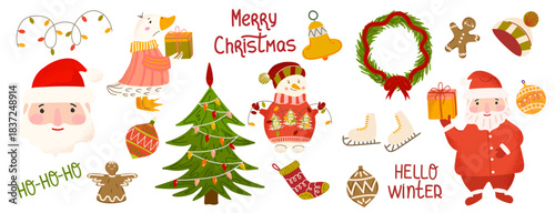Cute winter clip art set with Santa Claus, duck, snowman, gingerman, Christmas tree, wreath, lettering and decorations. Cozy festive elements for card, invitation, poster, sticker