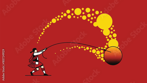 Energetic Scottish piper skillfully swinging a glowing orb with vibrant yellow dots across a bold red background