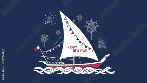 Stunning stylized Dhow boat celebration with fireworks wishes happy new year over deep blue sea waves
