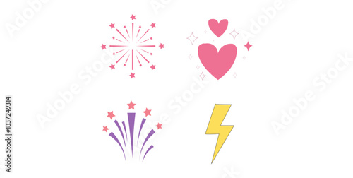 party popper, love, and flame icon illustration
