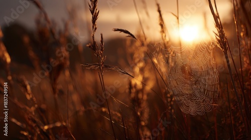 Morning sunlight illuminating a spider web among tall grasses, casting warm golden hues in a tranquil natural landscape at dawn.