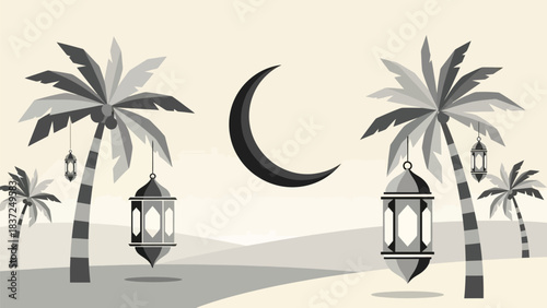 Stunning grayscale desert scene featuring palm trees, hanging lanterns, and a prominent crescent moon for Ramadan ambiance