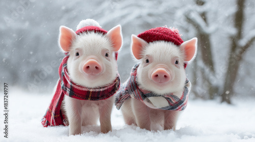 two adorable piglets wearing christmas hats and scarves, sitting in the snow with their paws folded together. Snowy background. Red checkered coats on top of them and santa claus hats on their heads.