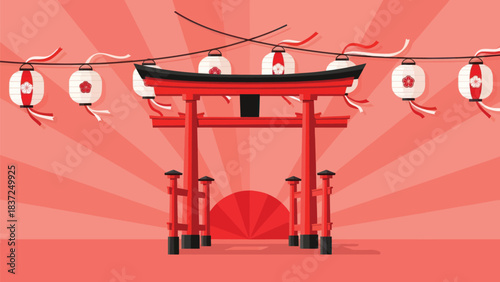 Stunning vibrant red torii gate welcomes visitors under traditional Japanese lanterns during a festival celebration