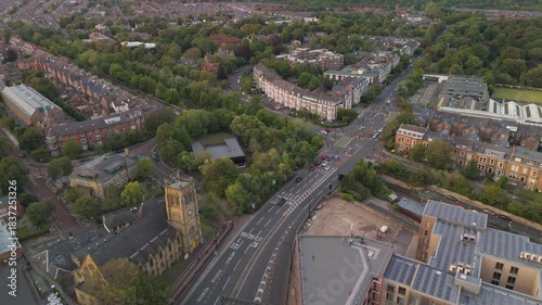 Newcastle upon Tyne: 8th August 2025: Drone view of Jesmond Road with Metro Station. Westend of Newcastle skyline