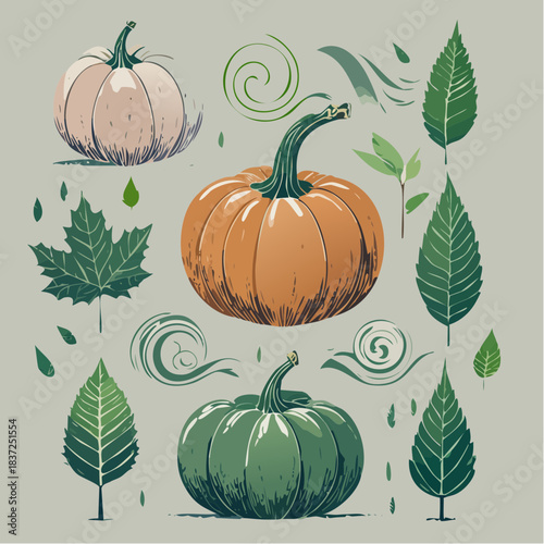 Autumn harvest illustration featuring pumpkins, maple leaves, and swirling green foliage for seasonal decoration
