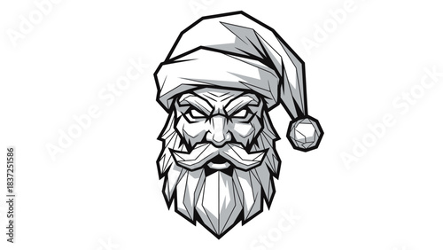 A menacing head mascot of Santa Claus with a scowling face, wearing a hat, depicted in a monochromatic illustration style against a clean white background.