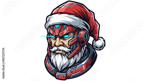 A cartoon head mascot wearing a Santa hat and futuristic robotic face paint on a white background with a mix of red, blue, and metallic colors.