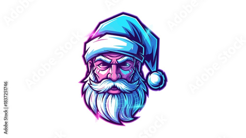 A vibrant, cartoon-style illustration of Santa Claus's head, wearing a blue hat with a white trim and a ball, on a plain white background with a pop art color scheme.