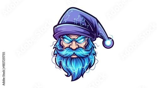 A cartoon illustration of a blue-bearded head mascot wearing a purple hat with a glowing blue light on the end, against a clean white background with a playful and festive mood.