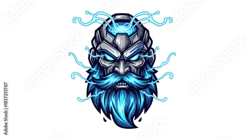 Digital illustration of a futuristic blue-bearded head mascot with glowing blue eyes and flowing beard elements on a white background.
