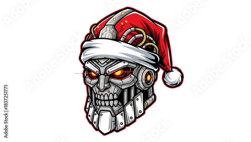 A robotic head mascot wearing a Santa hat with glowing red eyes against a clean white background.