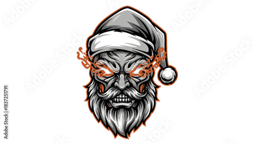 A menacing head mascot with a Santa hat and fiery eyes on a white background with a dark and ominous mood.